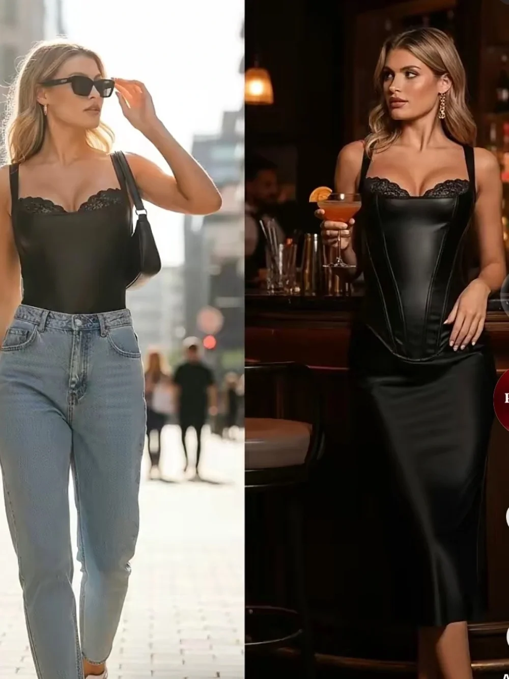 NWT Popilush Black Shapewear Faux Leather Lace Balconette Sculpting Bodysuit- 2X